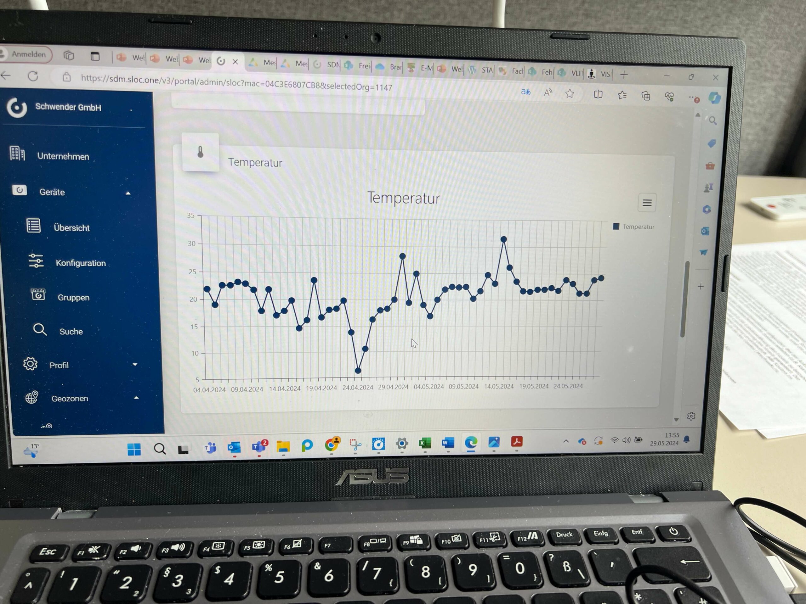 Bildschirm mit Temperaturdiagramm des VLITEX Temperature Tracker