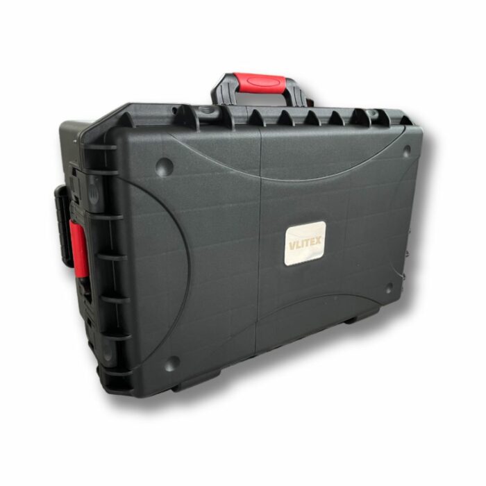 Black case with wheels and airtight closure for the VLITEX fire blanket.
